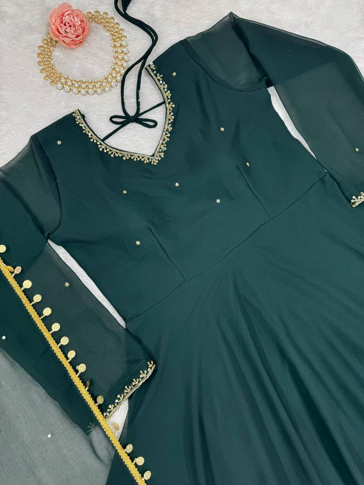 Green Foux Gorgette Micro Handwork with lace broder Anarkali Suit - INSPIRED - qivii