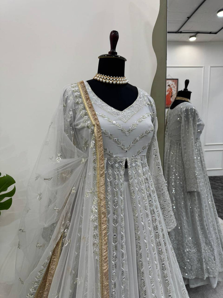 White Foux gorgette micro thread with Seuqnce Lehenga Choli - INSPIRED | Ready To Wear - qivii