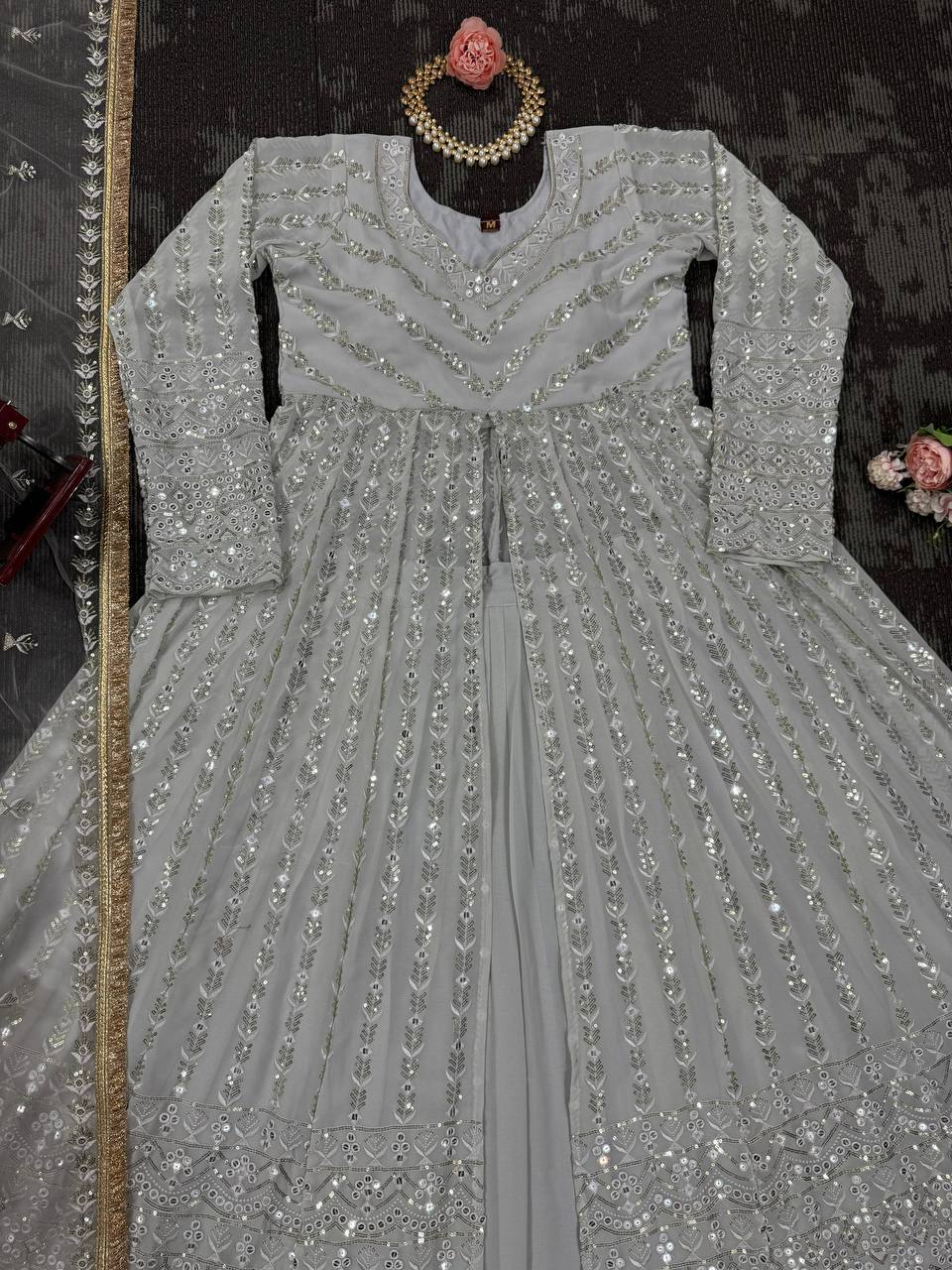 White Foux gorgette micro thread with Seuqnce Lehenga Choli - INSPIRED | Ready To Wear - qivii