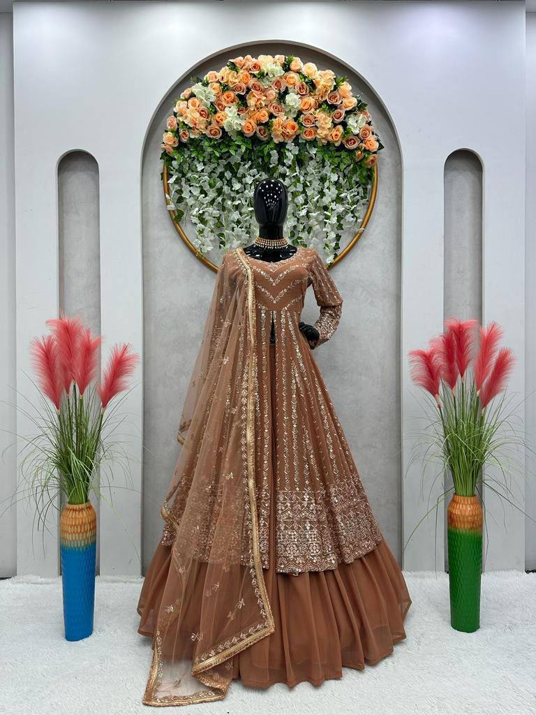 Brown Foux gorgette micro thread with Seuqnce Lehenga Choli - INSPIRED | Ready To Wear - qivii