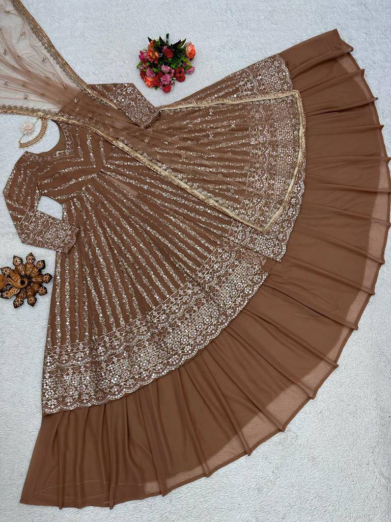 Brown Foux gorgette micro thread with Seuqnce Lehenga Choli - INSPIRED | Ready To Wear - qivii