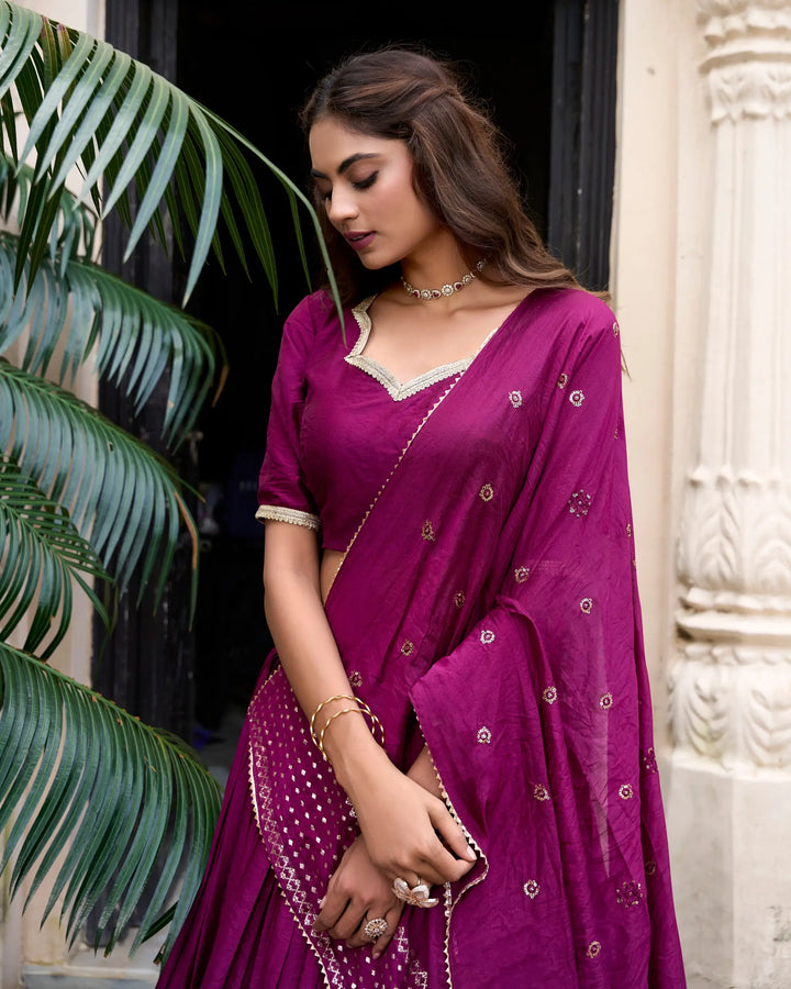 Wine Chanderi Silk Lehenga Choli With Zari Weaving Work | Ready To Wear - qivii