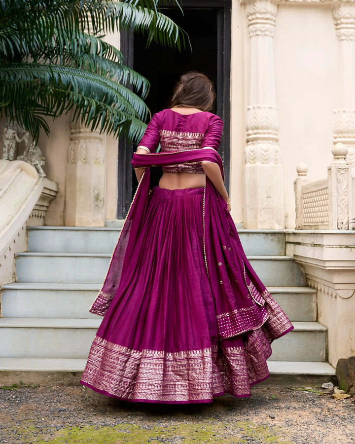 Wine Chanderi Silk Lehenga Choli With Zari Weaving Work | Ready To Wear - qivii