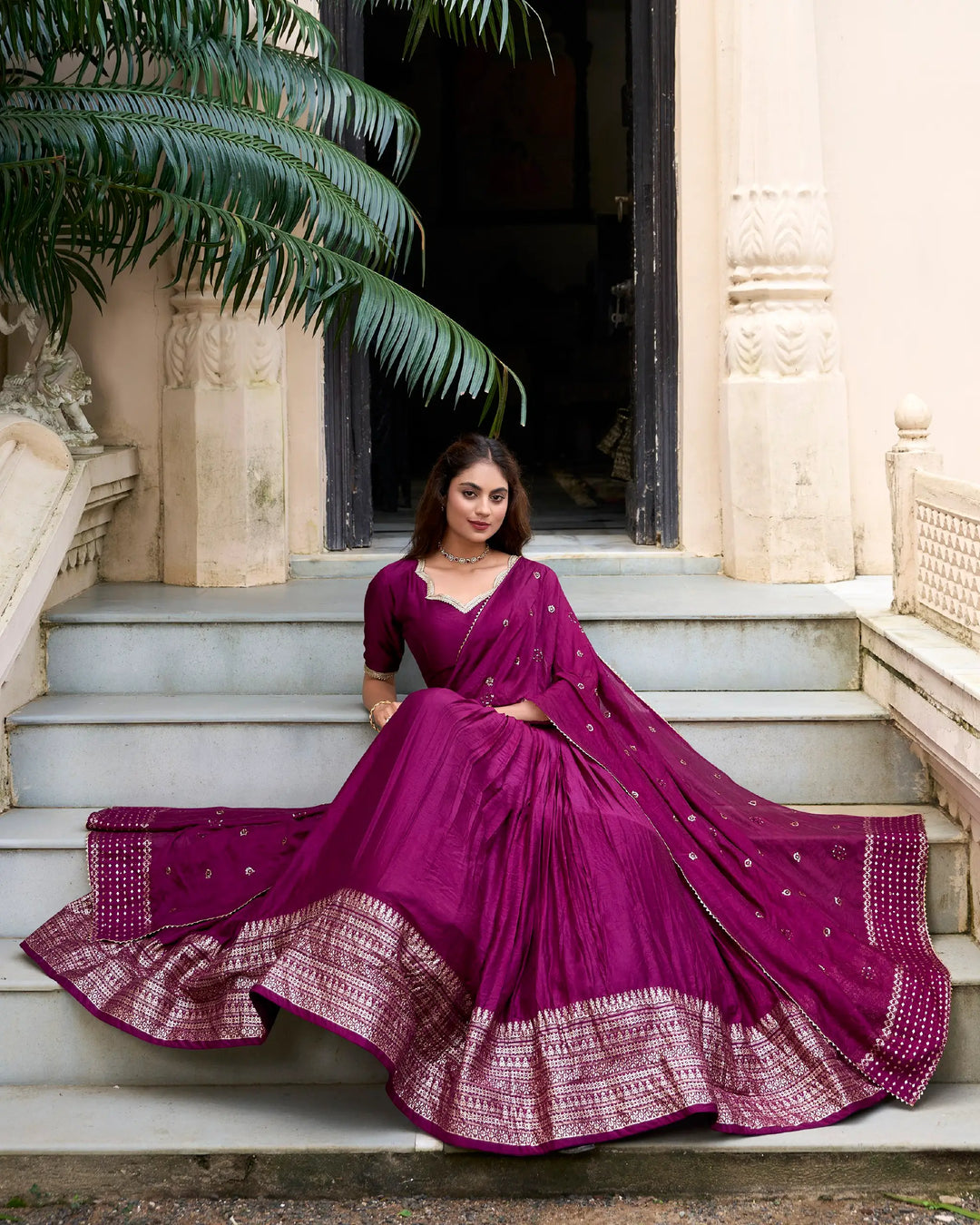 Wine Chanderi Silk Lehenga Choli With Zari Weaving Work | Ready To Wear - qivii
