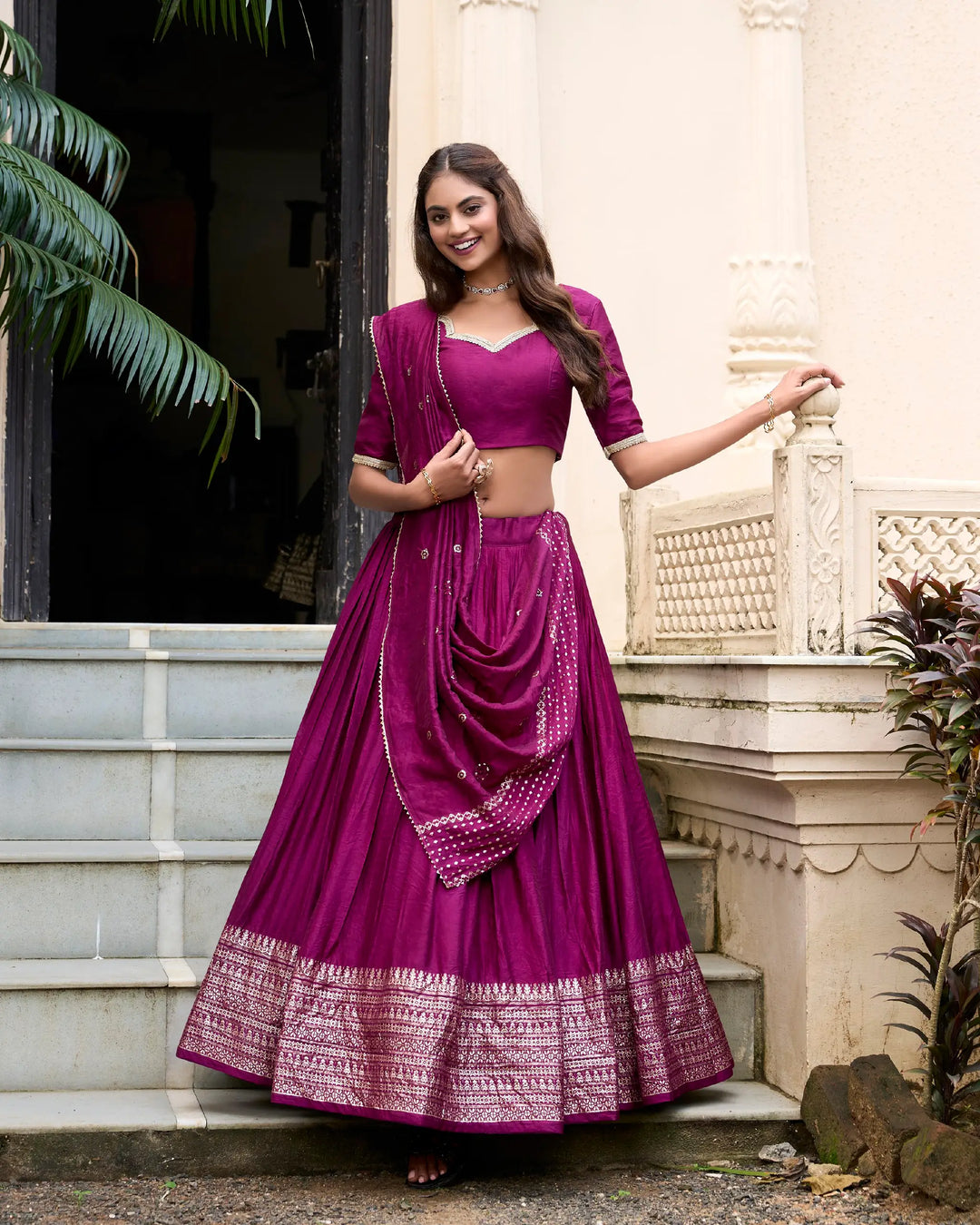 Wine Chanderi Silk Lehenga Choli With Zari Weaving Work | Ready To Wear - qivii