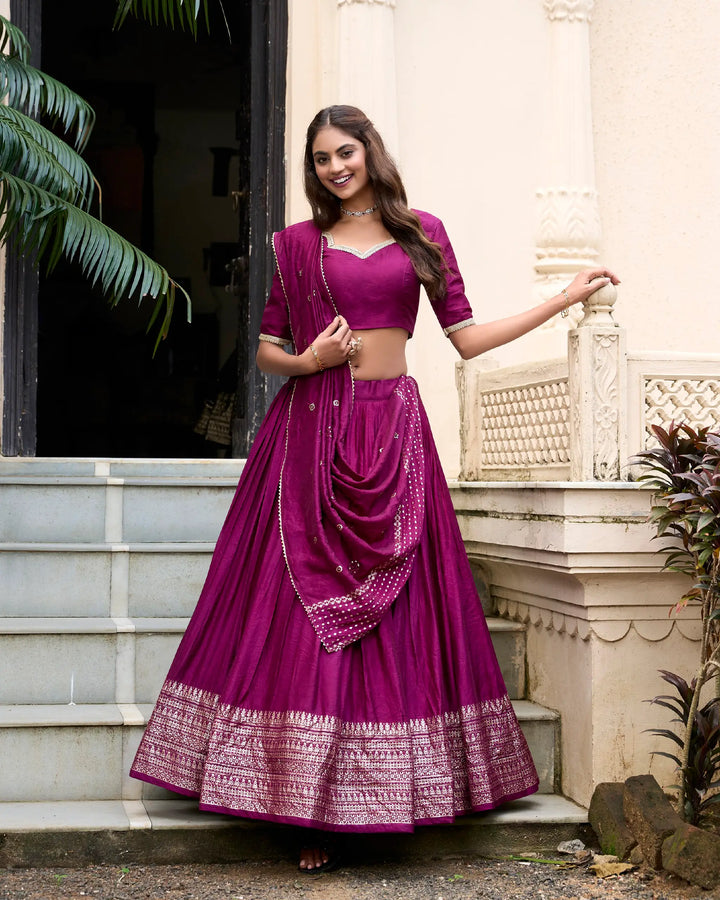 Wine Chanderi Silk Lehenga Choli With Zari Weaving Work | Ready To Wear - qivii