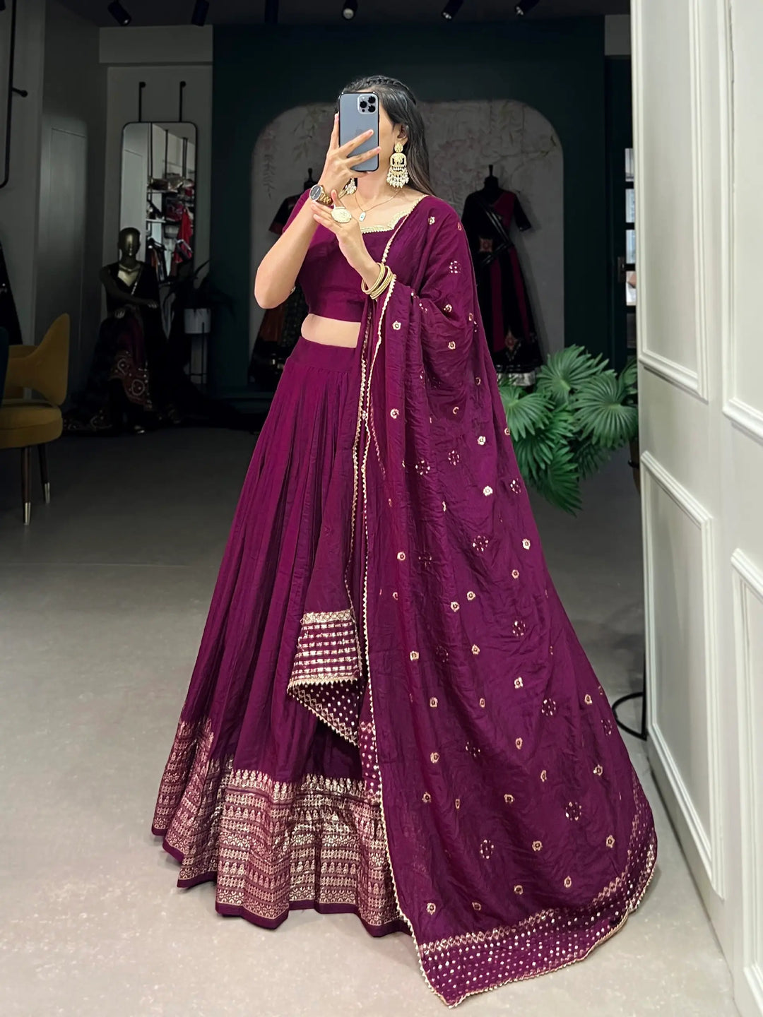 Wine Chanderi Silk Lehenga Choli With Zari Weaving Work | Ready To Wear - qivii
