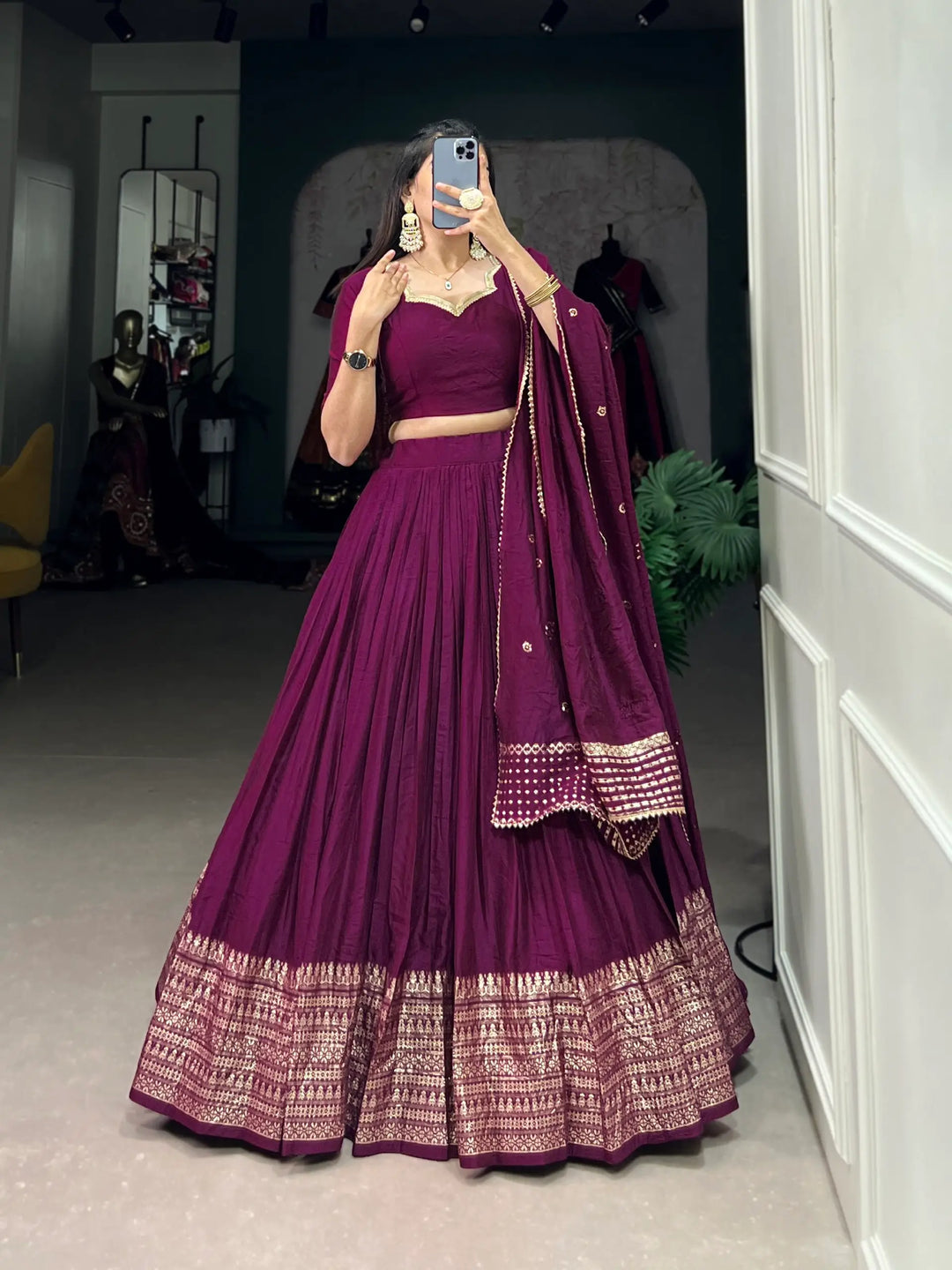 Wine Chanderi Silk Lehenga Choli With Zari Weaving Work | Ready To Wear - qivii