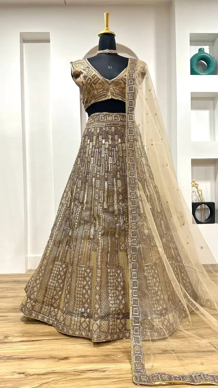 Golden Net Lehenga Choli With Dori, thread & Sequence Embroidery Work | Ready To Wear - qivii