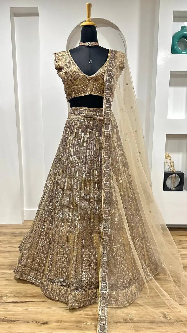 Golden Net Lehenga Choli With Dori, thread & Sequence Embroidery Work | Ready To Wear - qivii
