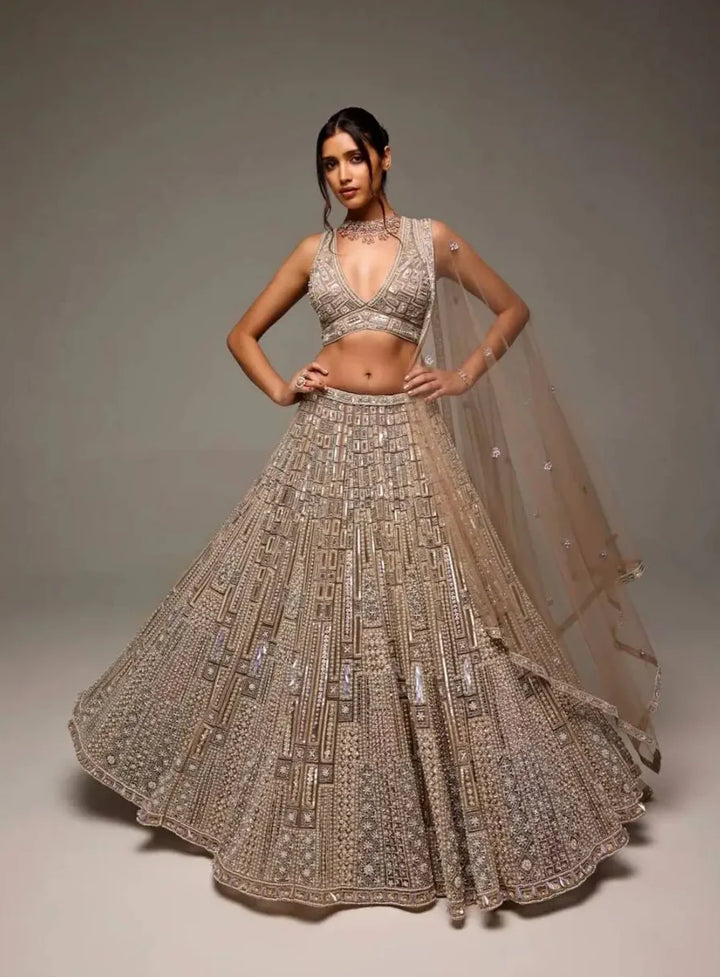 Golden Net Lehenga Choli With Dori, thread & Sequence Embroidery Work | Ready To Wear - qivii