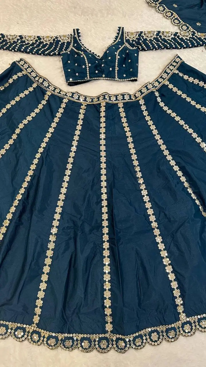 Teal Blue Malai Silk Lehenga Choli With Sequence & Zari Work | Ready To Wear - qivii