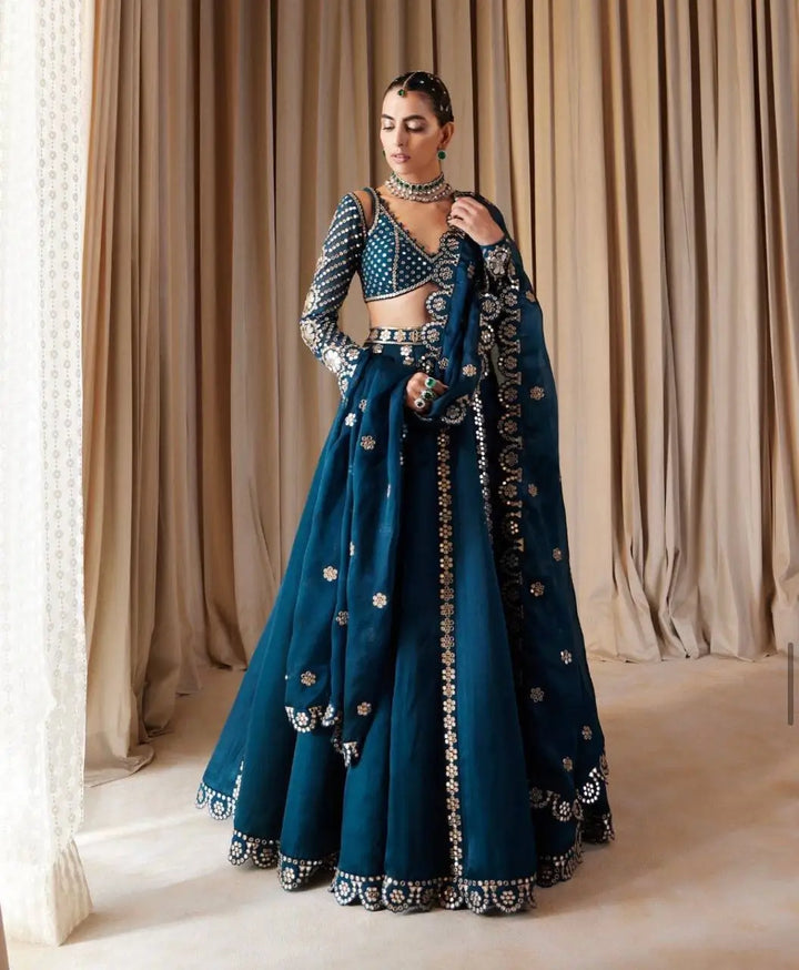 Teal Blue Malai Silk Lehenga Choli With Sequence & Zari Work | Ready To Wear - qivii