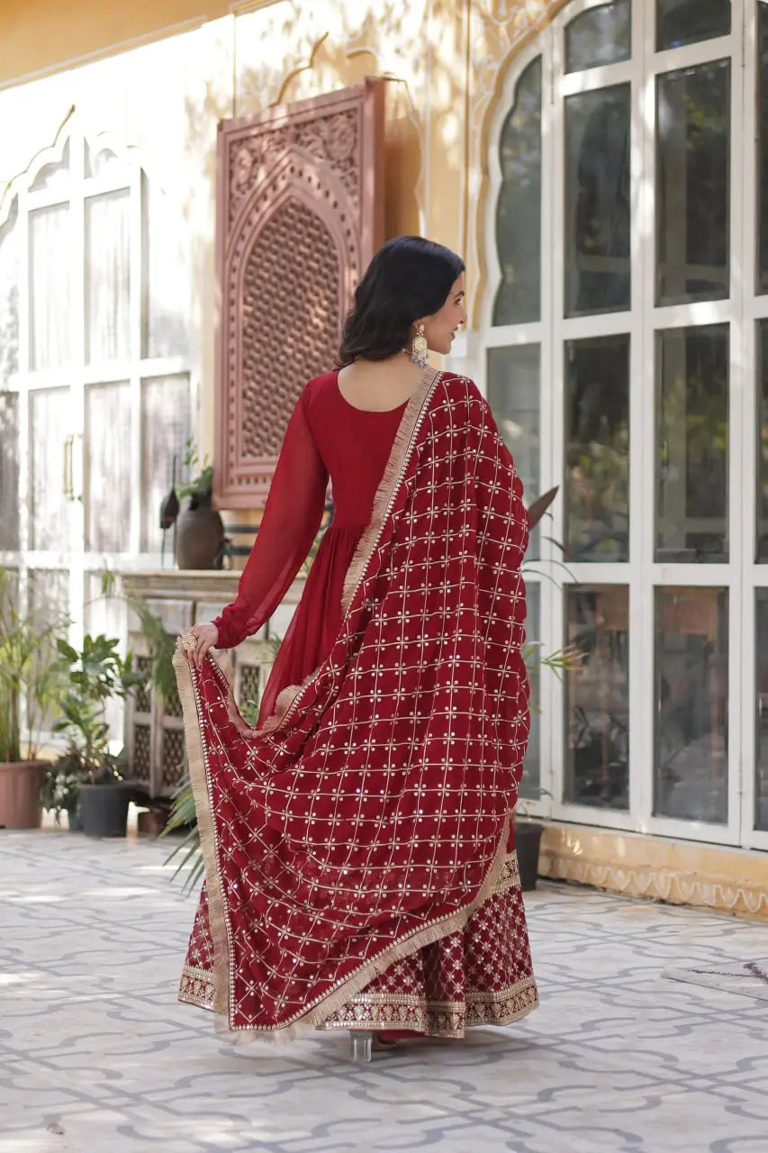 Red Sequins Embroidery Work Gown With Heavy Dupatta