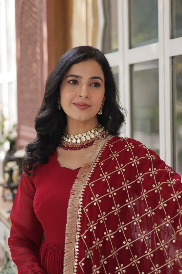 Red Sequins Embroidery Work Gown With Heavy Dupatta - qivii