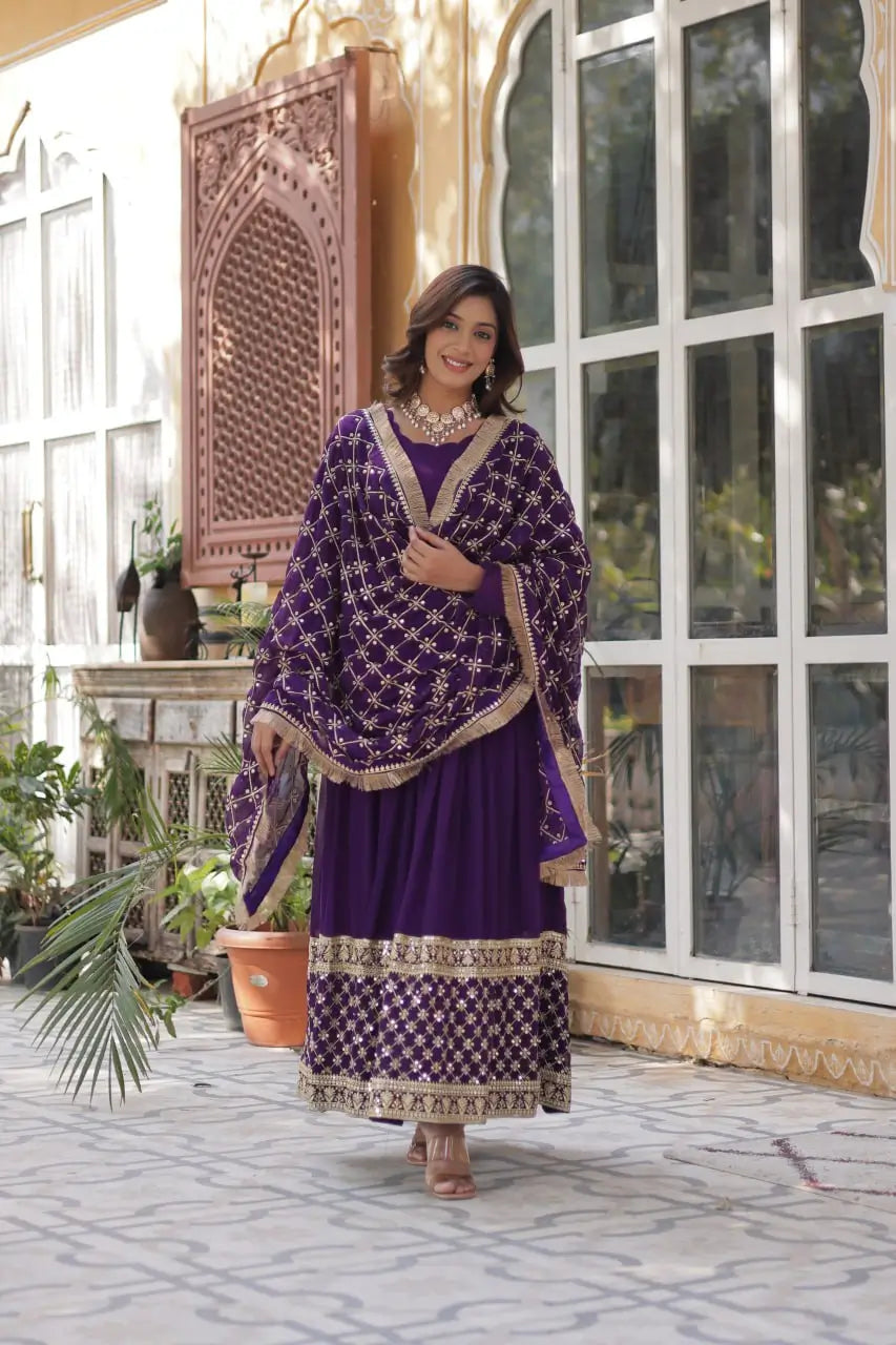 Purple Sequins Embroidery Work Gown With Heavy Dupatta - qivii