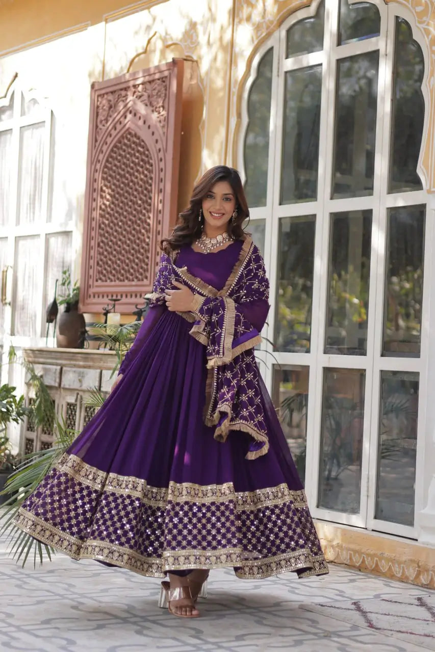 Purple Sequins Embroidery Work Gown With Heavy Dupatta