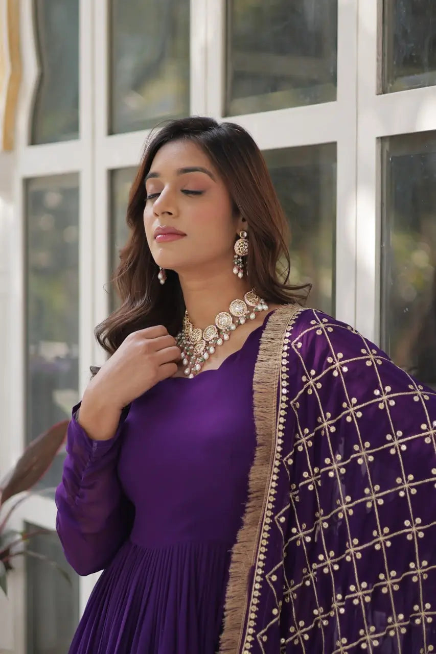 Purple Sequins Embroidery Work Gown With Heavy Dupatta - qivii