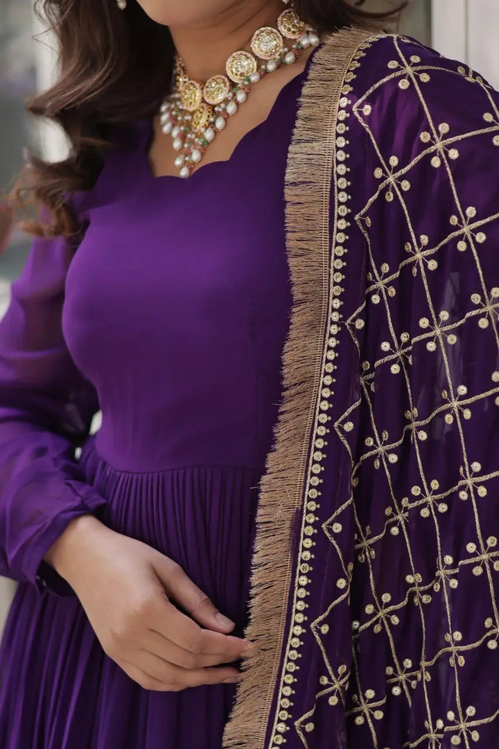 Purple Sequins Embroidery Work Gown With Heavy Dupatta - qivii