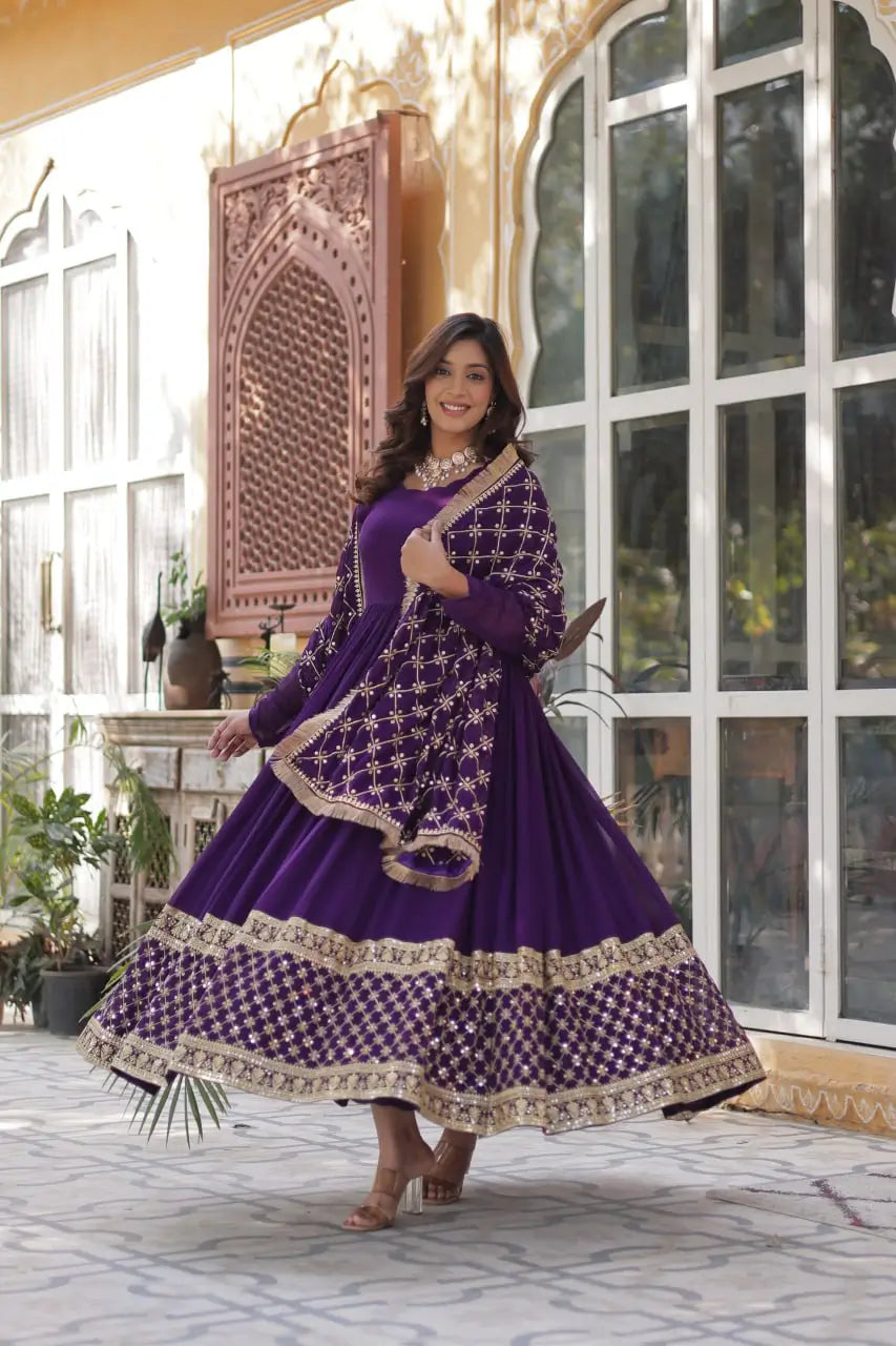 Purple Sequins Embroidery Work Gown With Heavy Dupatta