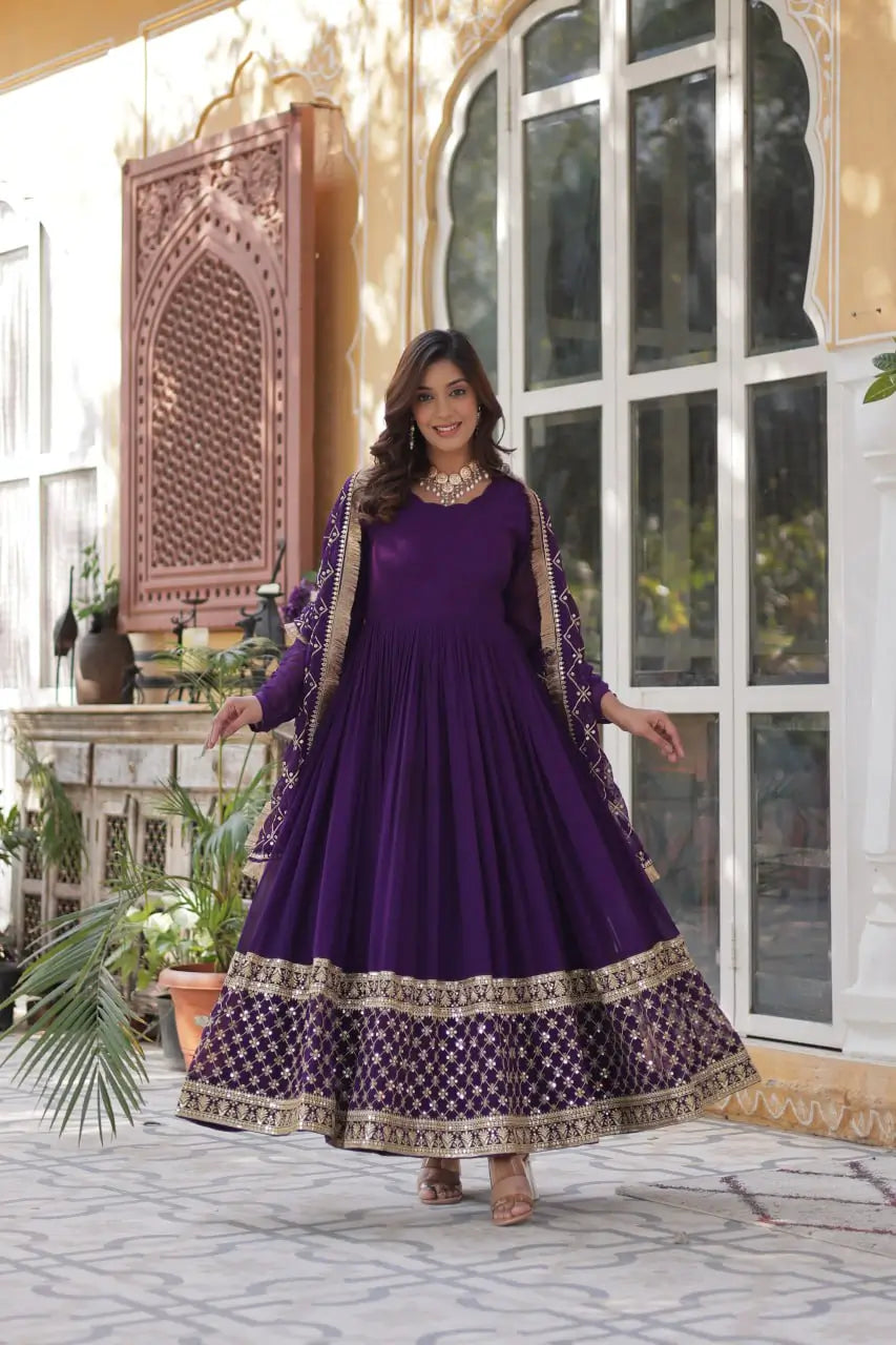 Purple Sequins Embroidery Work Gown With Heavy Dupatta - qivii