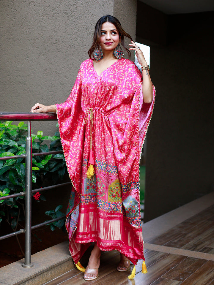 Pink Color Digital Print Pure Gaji Silk Kaftan - qivii