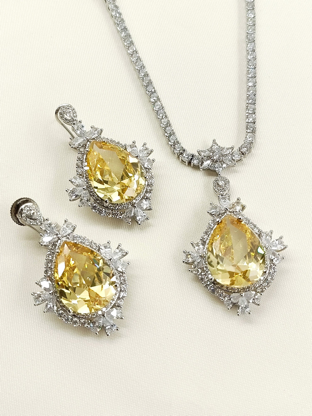 Mehar Yellow American Diamond Pendant Set - qivii