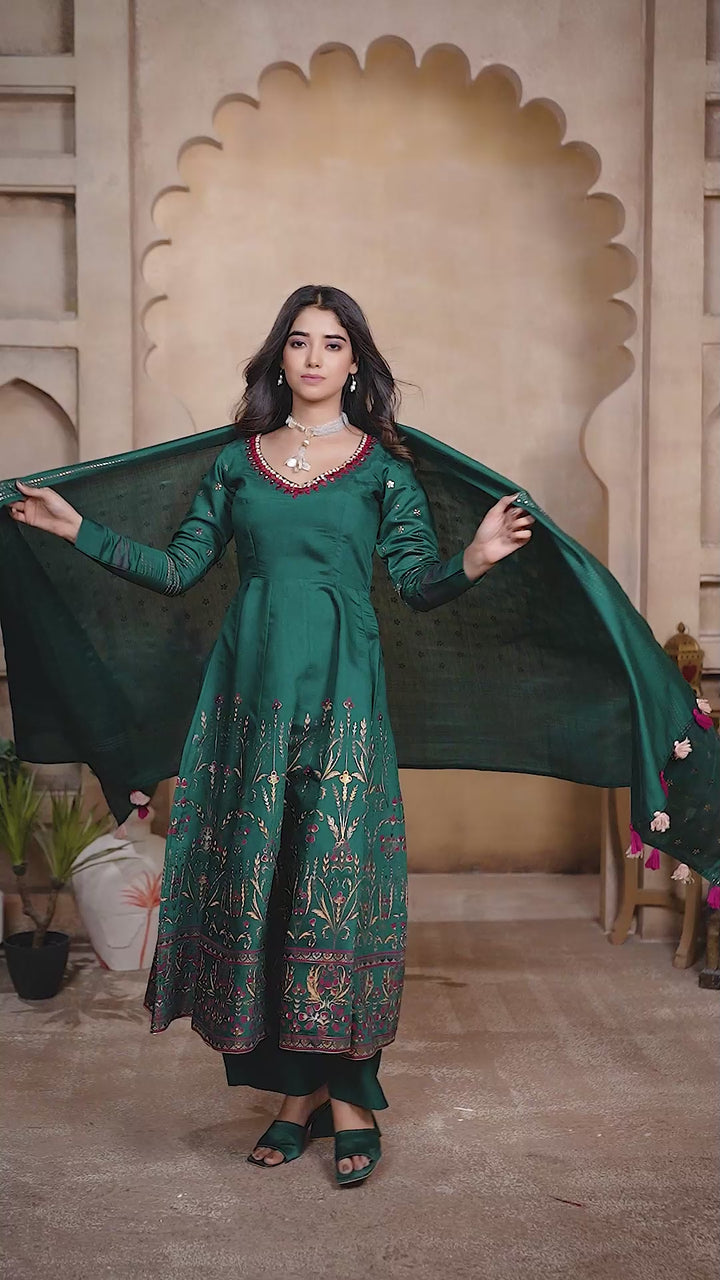 GREEN ROMAN SILK MIRROR WORK AND FOIL PRINT SALWAR SUIT