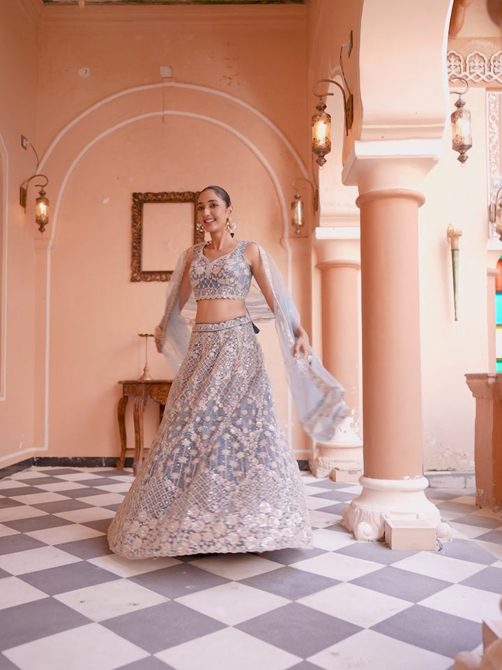 TEAL - Net Fabric Sequins embroidery Semi-Stitched Lehenga & Unstitched Blouse With Dupatta