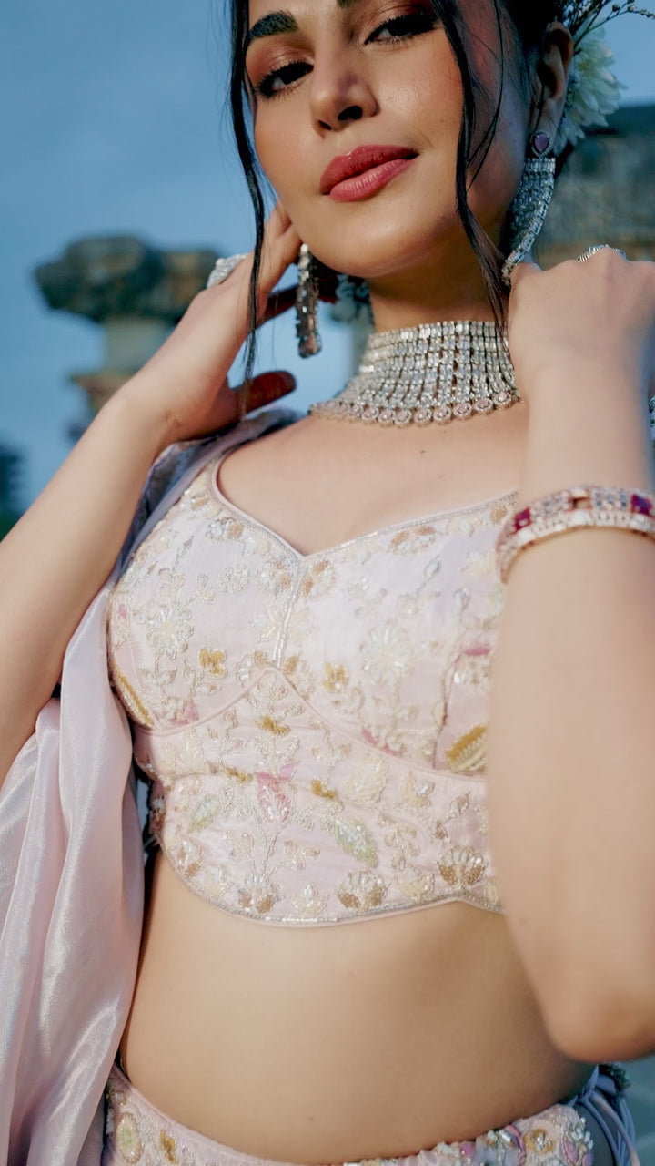 Pink - Tissue Fabric Beads & Sequince Embroidered Ready to Wear Lehenga Choli & Dupatta