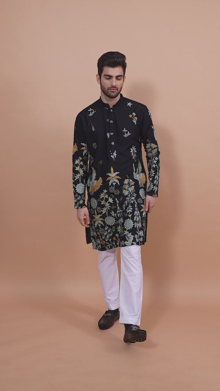 BLACK VISCOSE RAYON THREAD & SEQUENCE EMBROIDERED WORK KURTA