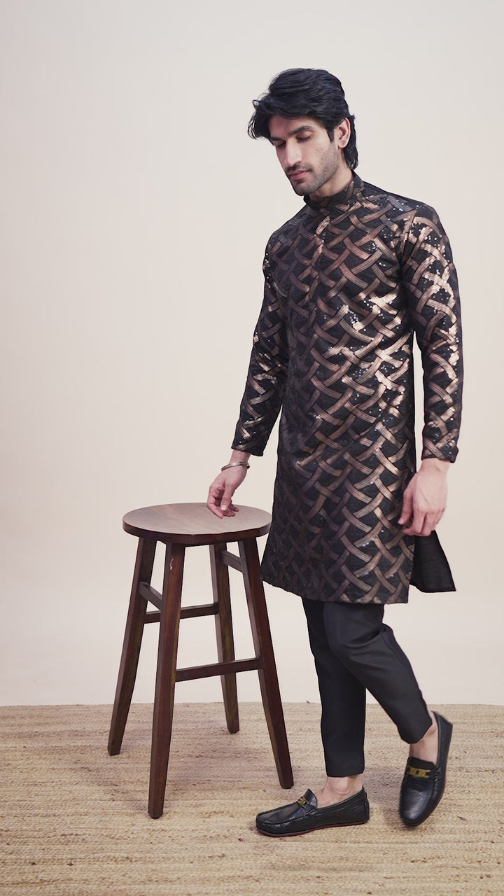 BLACK SILK THREAD & SEQUENCE EMBROIDERED WORK KURTA