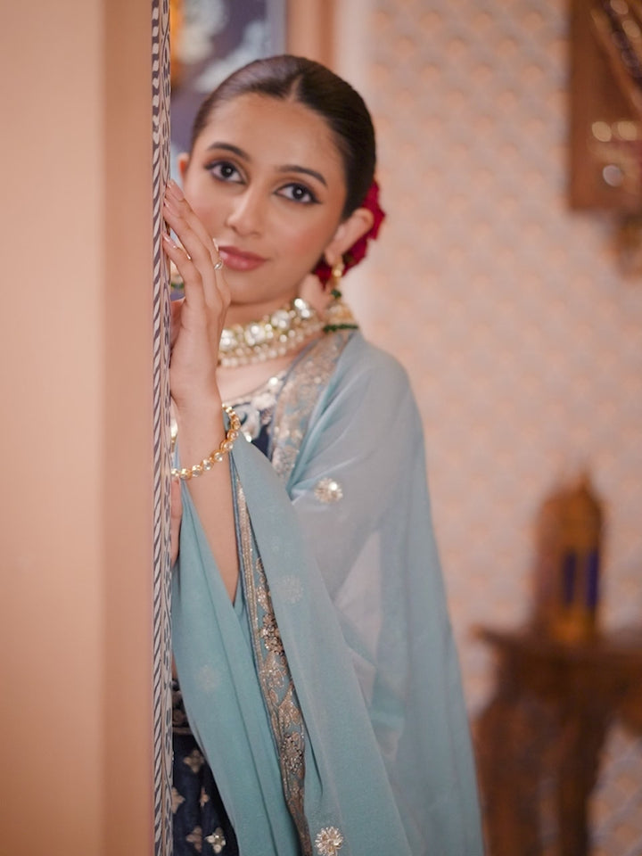 NAVYBLUE - Tissue Silk Fabric Sequins embroidery Semi-Stitched Lehenga & Unstitched Blouse With Dupatta