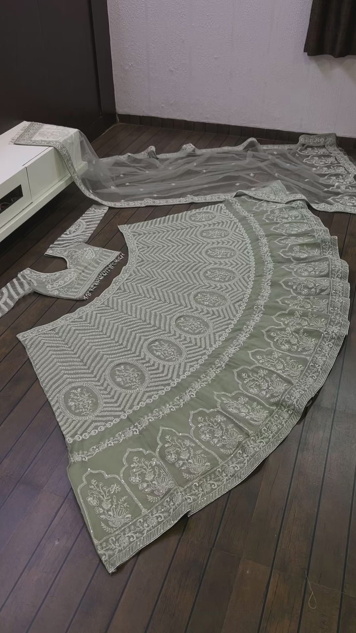 Green Georget lehnga with heavy sequence, dori & zari work - INSPIRED | Ready To Wear