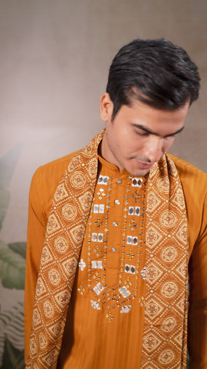 Mustard Yellow Mirror And Zari Weaving Work Kurta With Printed Dupatta