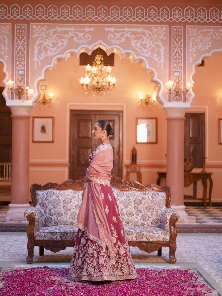 BURGUNDY - Silk Fabric Sequins embroidery Semi-Stitched Lehenga & Unstitched Blouse With Dupatta