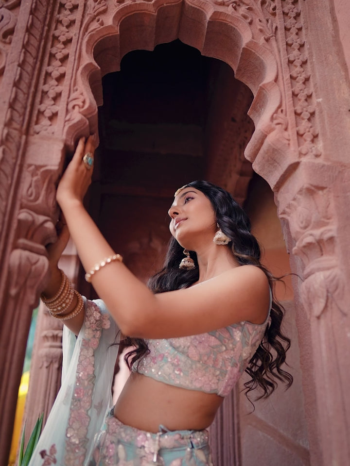 TURQUOISE BLUE - Net Fabric Sequins embroidery Semi-Stitched Lehenga & Unstitched Blouse With Dupatta