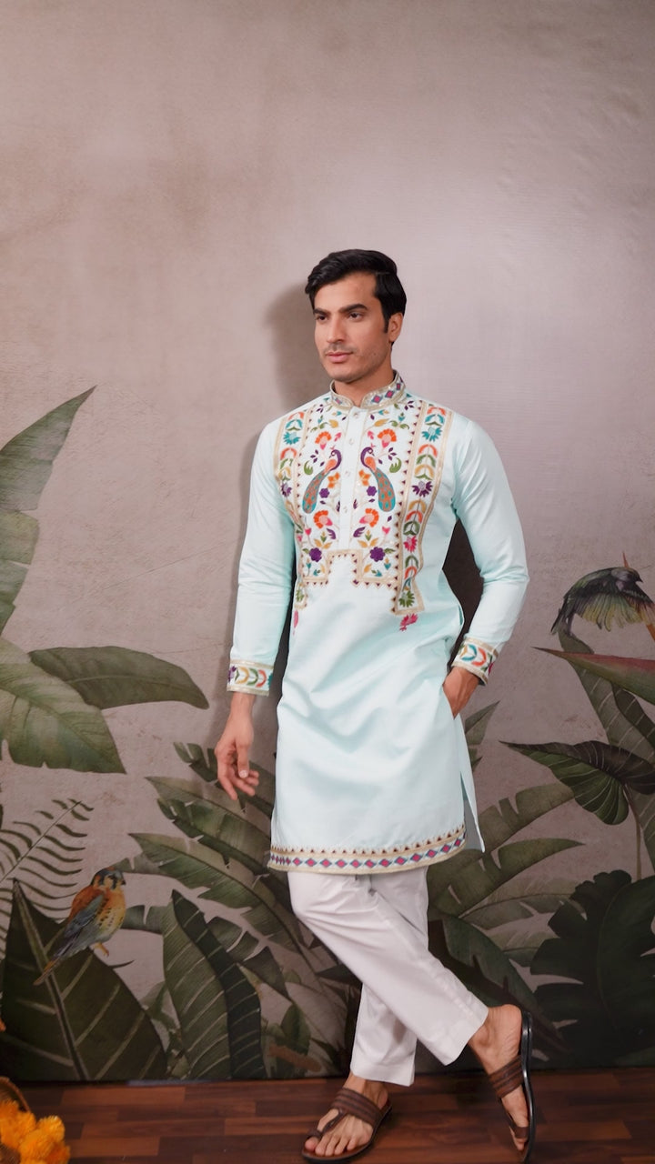 Sky Blue Multi Thread Sequins Embroidery Work Festive Wear Kurta Set