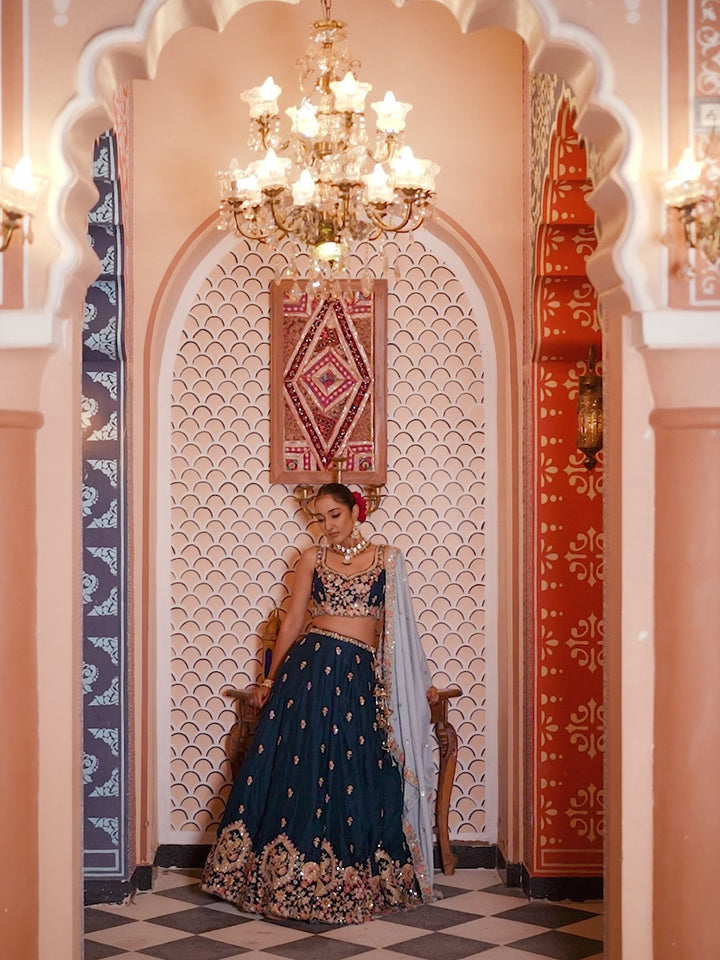 TEAL - Georgette Fabric Sequins embroidery Semi-Stitched Lehenga & Unstitched Blouse With Dupatta