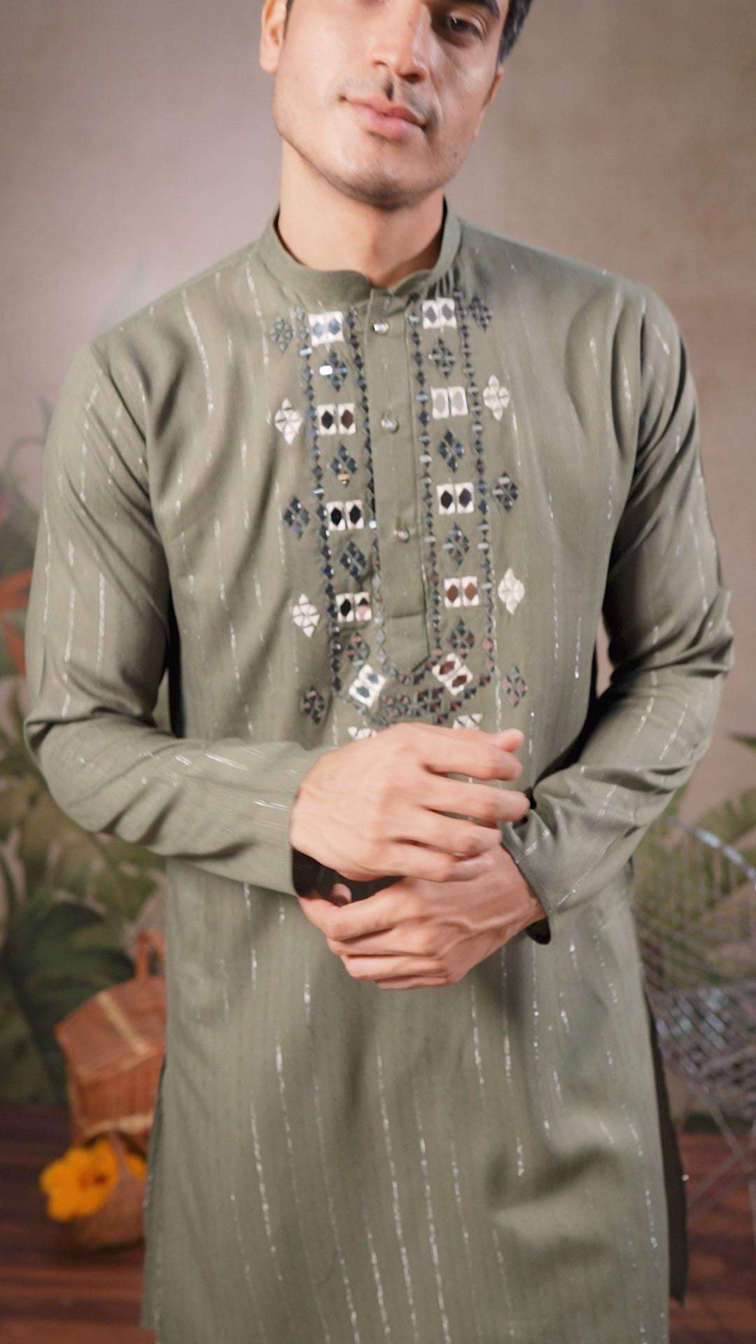 Olive Green Mirror And Zari Weaving Work Kurta With Printed Dupatta