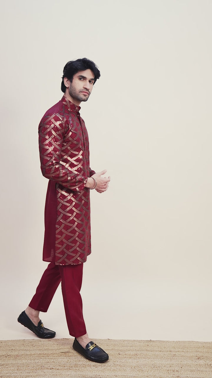 MAROON SILK THREAD & SEQUENCE EMBROIDERED WORK KURTA