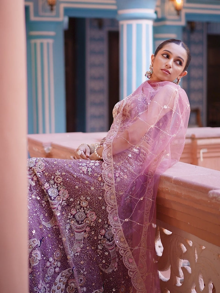 LAVENDER - Net Fabric Sequins embroidery Semi-Stitched Lehenga & Unstitched Blouse With Dupatta