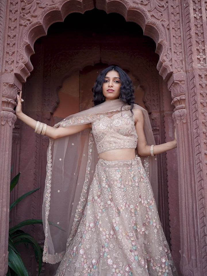 BAIGE - Net Fabric Sequins embroidery Semi-Stitched Lehenga & Unstitched Blouse With Dupatta