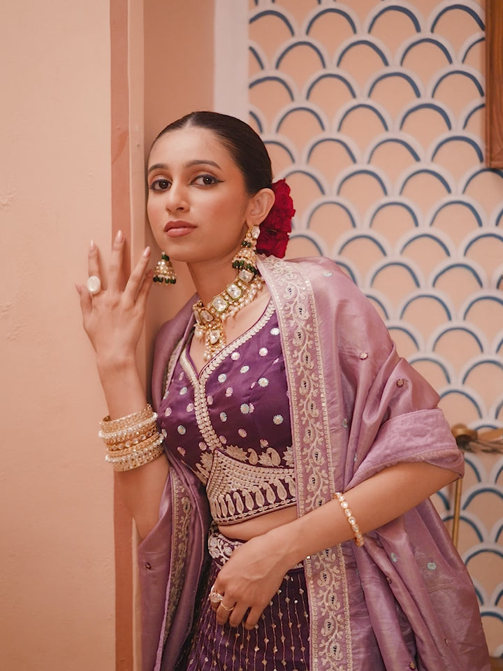 PURPLE - Tissue Silk Fabric Sequins embroidery Semi-Stitched Lehenga & Unstitched Blouse With Dupatta