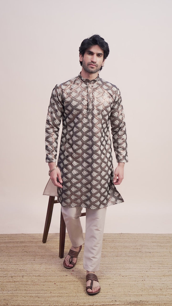 BEIGE SILK THREAD & SEQUENCE EMBROIDERED WORK KURTA