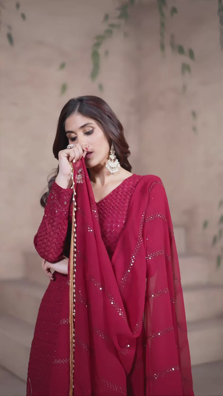 MAROON FAUX GEORGEET WITH EMBROIDERY SEQUENCE DESIGN WORK SALWAR SUIT - INSPIRED
