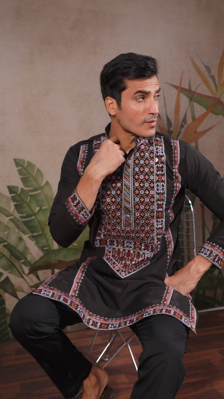 Black Festive Wear Kurta Set With Multi Thread Sequins Embroidery Work