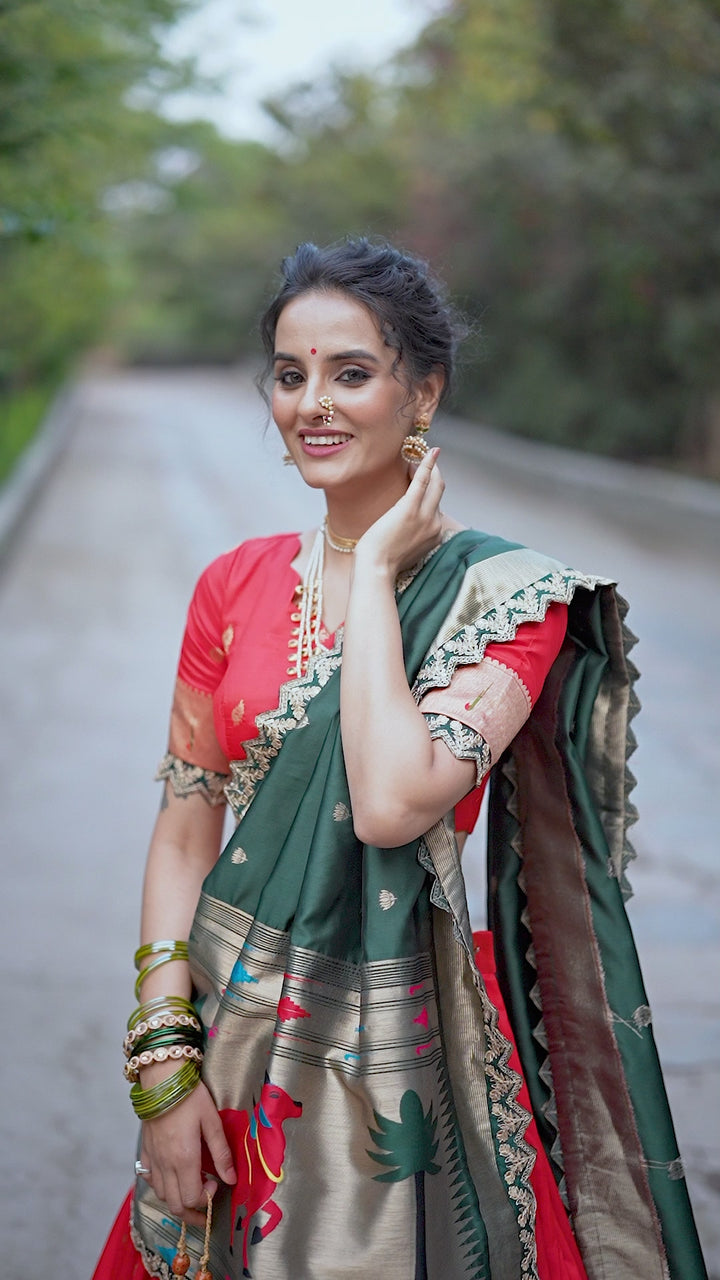 Bright Red Jacquard Silk Paithani Lehenga Choli With Zari Weaving Work & Embroidery Lace Border