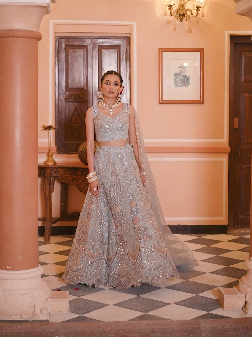 TURQUOISE BLUE - Net Fabric Sequins embroidery Semi-Stitched Lehenga & Unstitched Blouse With Dupatta