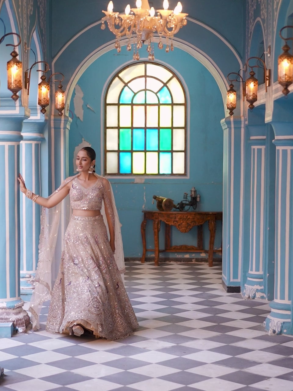 BEIGE - Net Fabric Sequins embroidery Semi-Stitched Lehenga & Unstitched Blouse With Dupatta